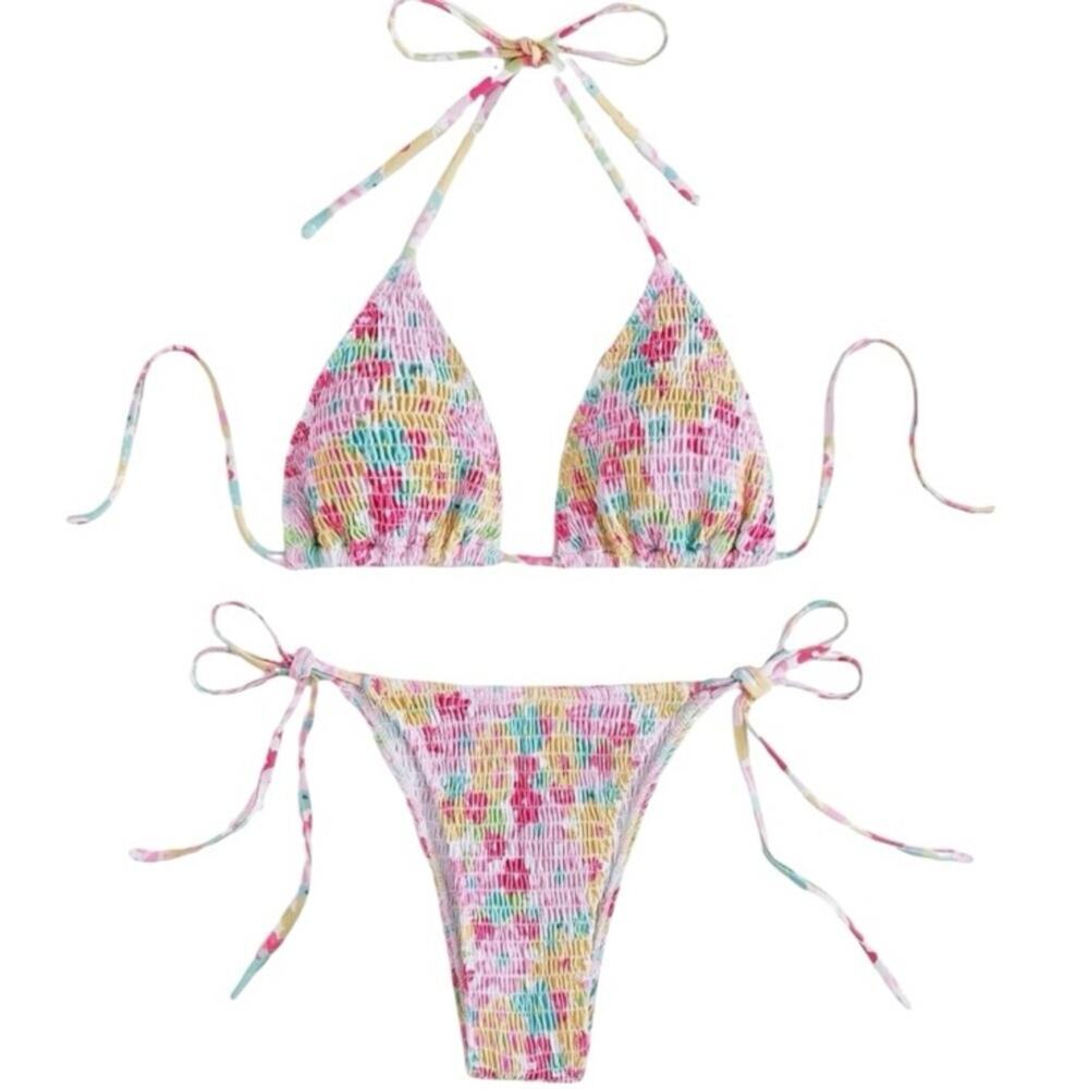 New COZYEASE Women's 2 Piece Floral Bikini Smocked Drawstring Triangle, Small